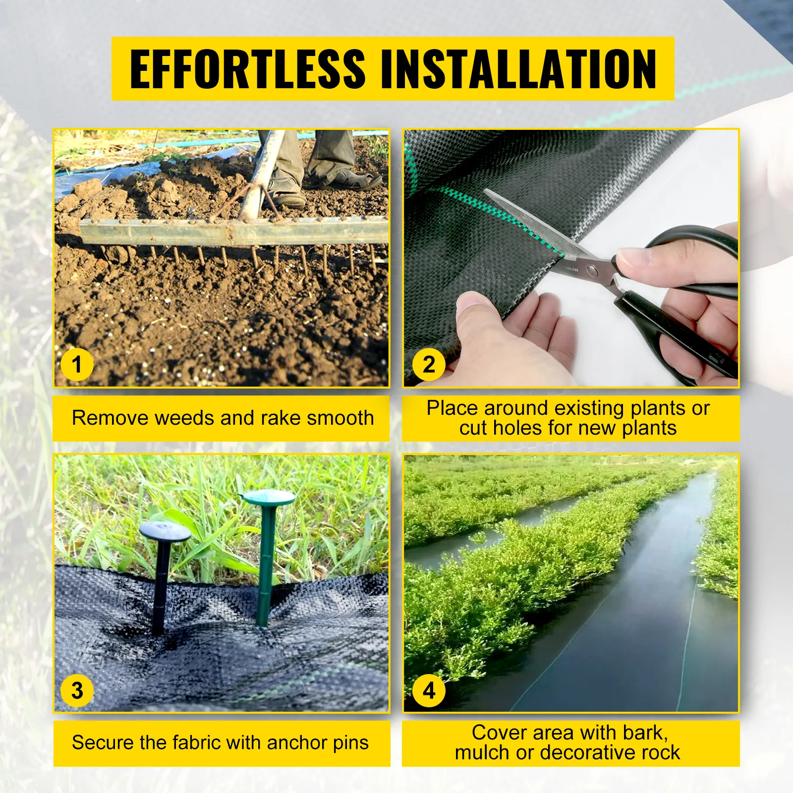 effortless installation of VEVOR weed barrier fabric with step-by-step guidance.