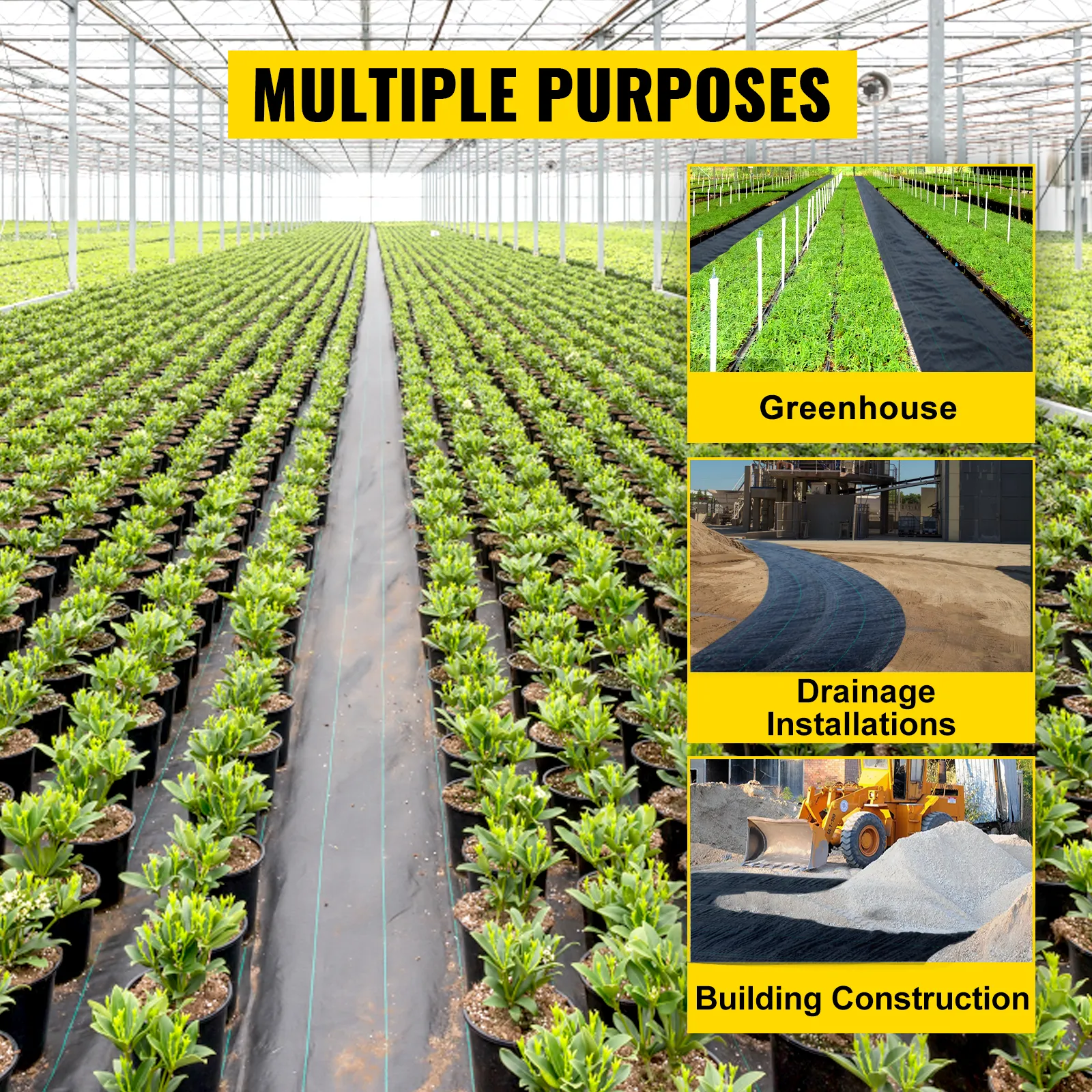VEVOR weed barrier fabric in greenhouse, drainage installations, and building construction usage.