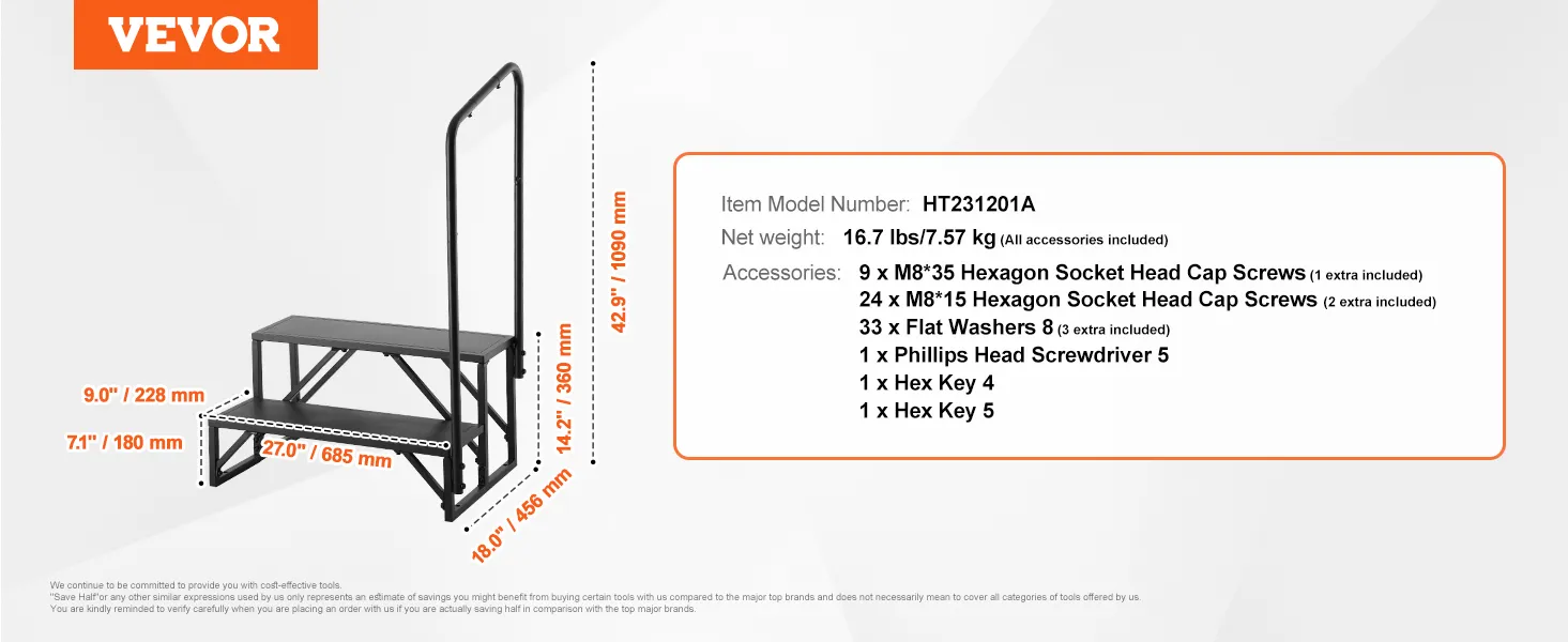VEVOR rv steps with handrail, 27"/685mm width, 14.2"/360mm height, dimensions, and accessories shown.