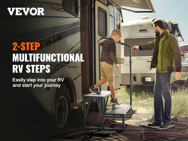 VEVOR rv steps: a child using 2-step multifunctional aluminum rv steps to enter a camper.