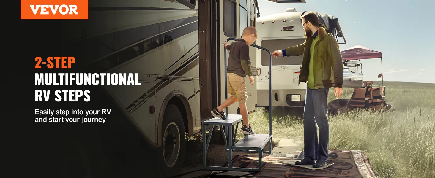 VEVOR rv steps: a child using 2-step multifunctional aluminum rv steps to enter a camper.