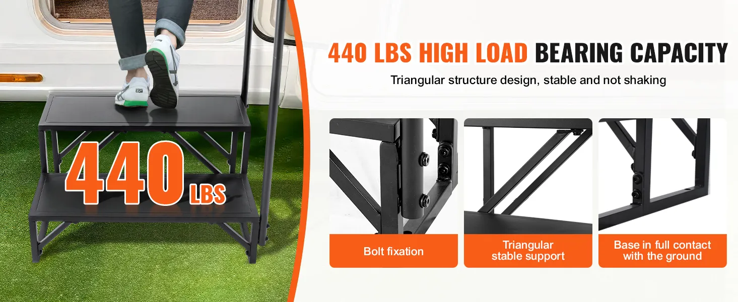 VEVOR rv steps with 440 lbs capacity, triangular structure, bolt fixation, stable support, and ground contact.
