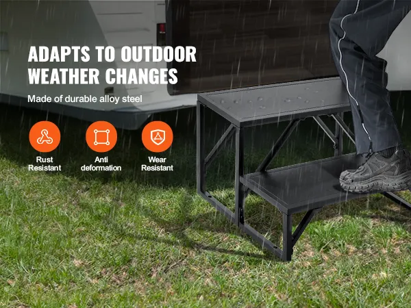 VEVOR rv steps in the rain, demonstrating rust resistance and durability, made of alloy steel.