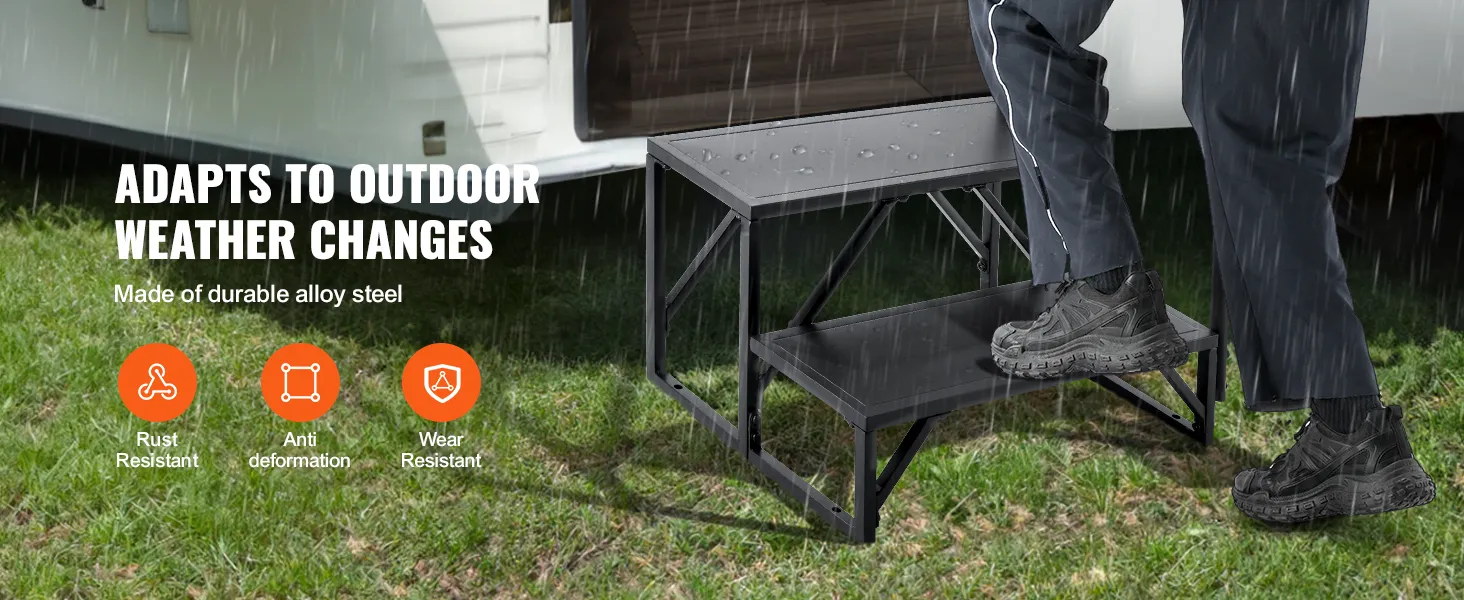VEVOR rv steps in the rain, demonstrating rust resistance and durability, made of alloy steel.