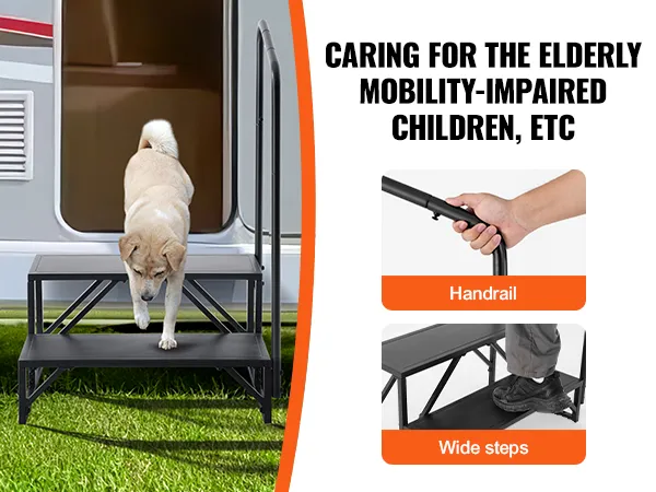 dog using VEVOR rv steps with handrail for elderly, mobility-impaired, children; wide steps for safety.