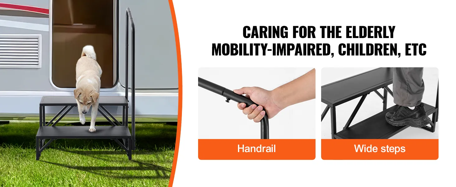 dog using VEVOR rv steps with handrail for elderly, mobility-impaired, children; wide steps for safety.