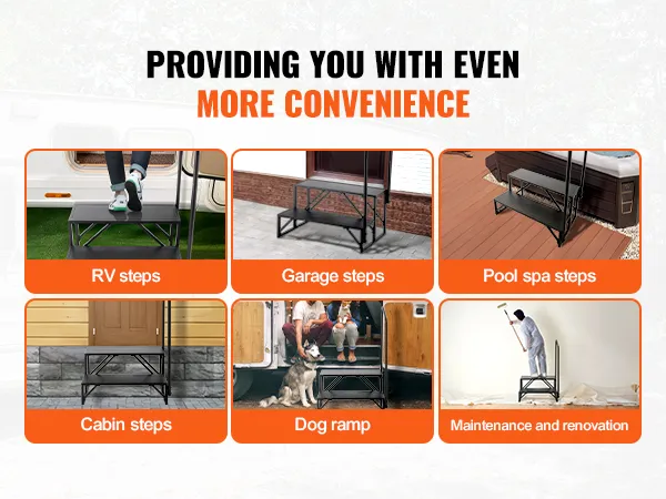 VEVOR rv steps for rv, garage, pool spa, cabin, dog ramp, maintenance, and renovation uses.