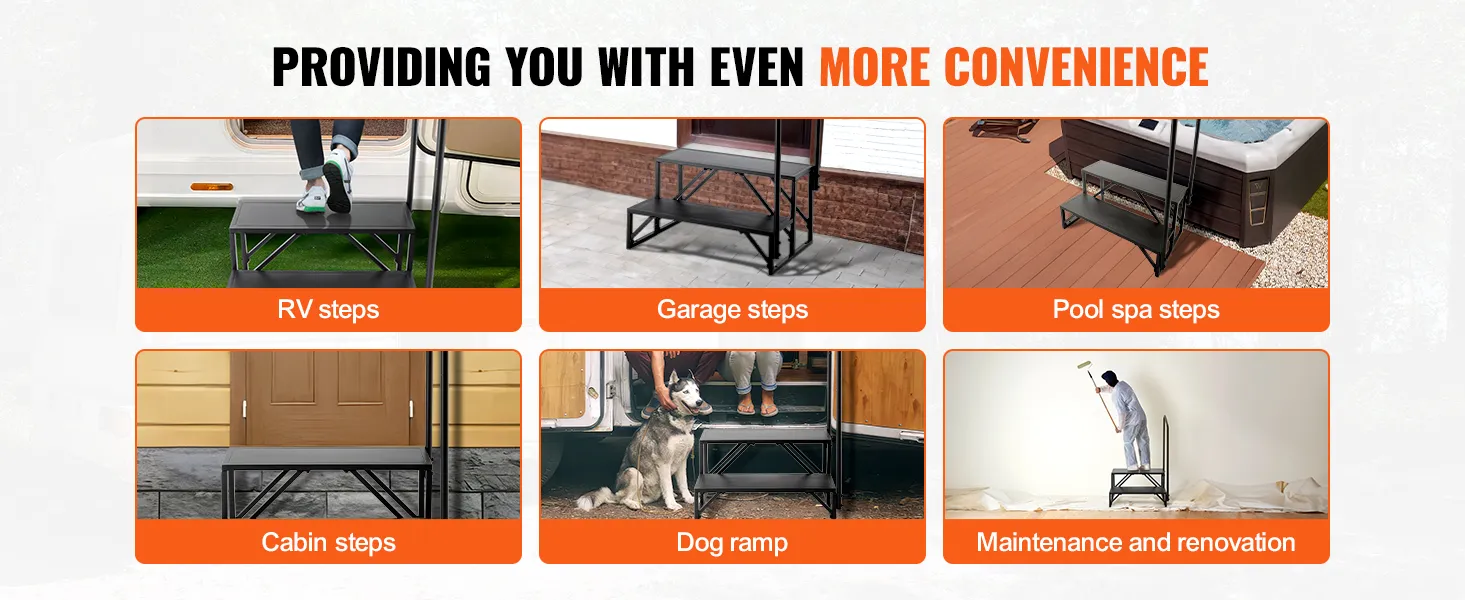 VEVOR rv steps for rv, garage, pool spa, cabin, dog ramp, maintenance, and renovation uses.