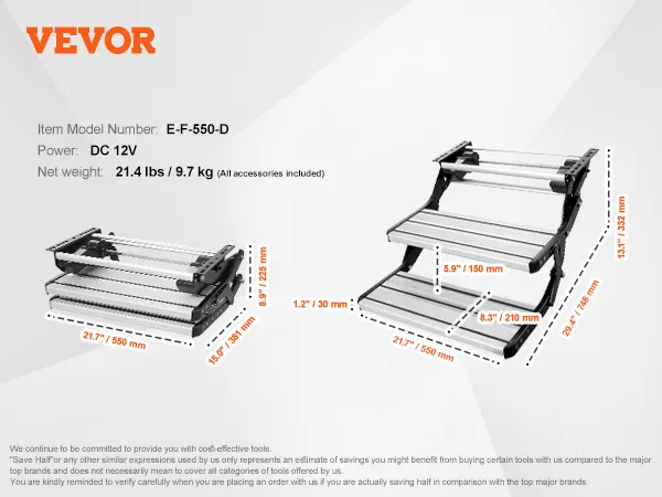VEVOR electric rv steps e-f-550-d, dc 12v, 21.4 lbs, dimensions: 21.7"x29.4"x13.1".