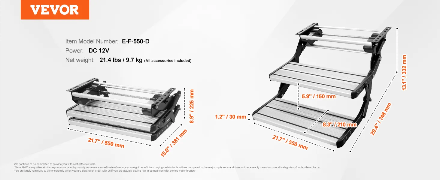 VEVOR electric rv steps e-f-550-d, dc 12v, 21.4 lbs, dimensions: 21.7"x29.4"x13.1".