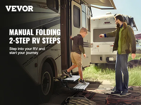VEVOR electric rv steps in use, showcasing a child and adult stepping into an rv during a sunny outdoor scene.