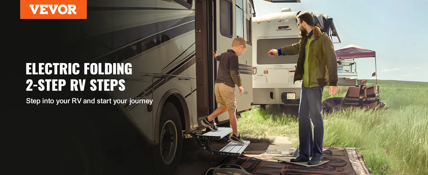 VEVOR electric rv steps in use, showcasing a child and adult stepping into an rv during a sunny outdoor scene.