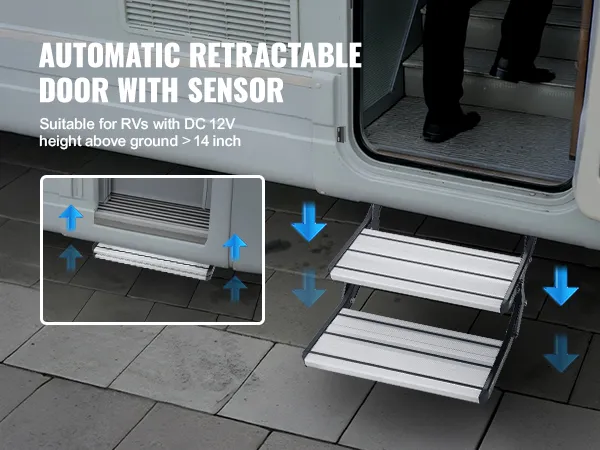 automatic retractable door with VEVOR electric rv steps for rvs, dc 12v, height above ground >14 inches.