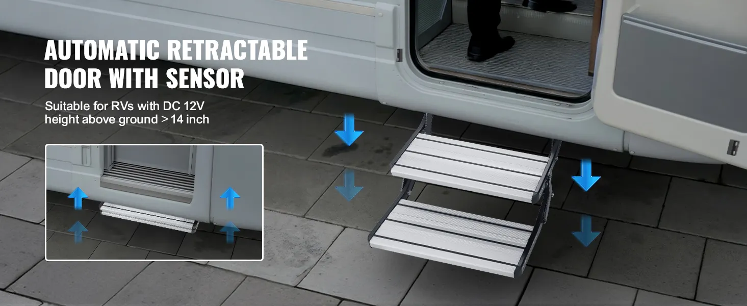 automatic retractable door with VEVOR electric rv steps for rvs, dc 12v, height above ground >14 inches.