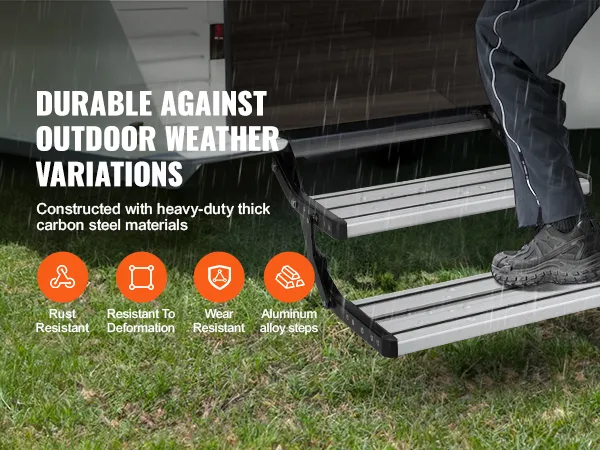 VEVOR electric rv steps shown in the rain, featuring rust-resistant aluminum alloy steps and durable construction.