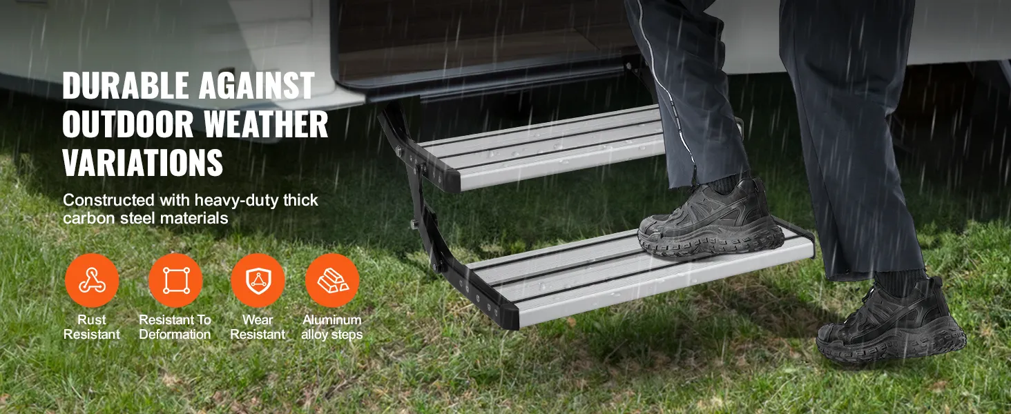 VEVOR electric rv steps shown in the rain, featuring rust-resistant aluminum alloy steps and durable construction.