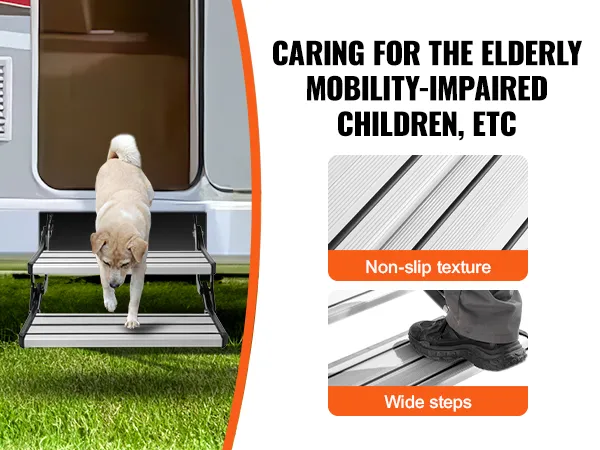 dog using VEVOR electric rv steps with non-slip texture and wide steps, ideal for elderly and children.