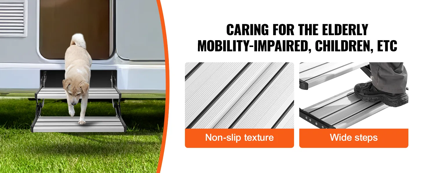 dog using VEVOR electric rv steps with non-slip texture and wide steps, ideal for elderly and children.