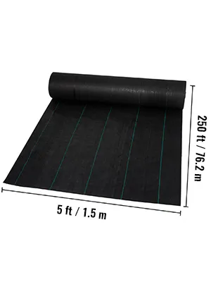 VEVOR weed barrier fabric roll, 5ft by 250ft with linear texture, black with green stripes.