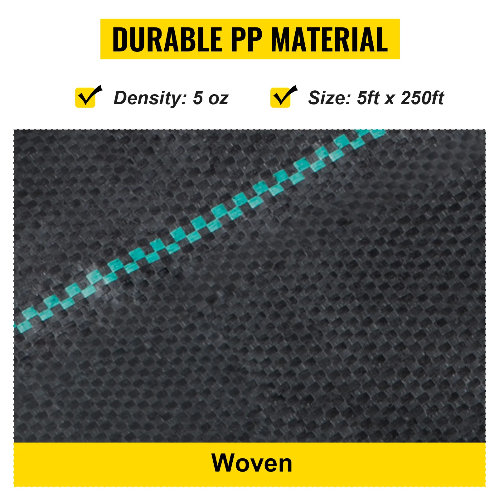 durable pp woven VEVOR weed barrier fabric, 5ft x 250ft, 5 oz density, black with green stripe.