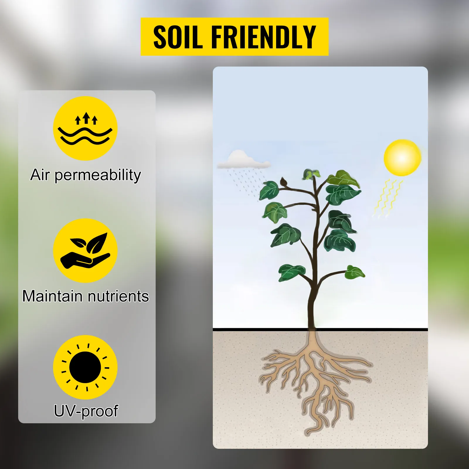 soil-friendly VEVOR weed barrier fabric with air permeability, nutrient maintenance, and uv-proof.