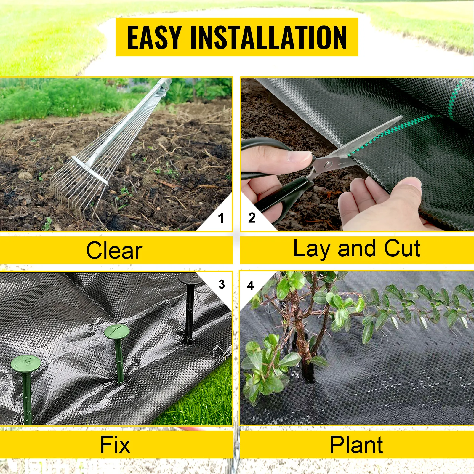 easy installation steps for VEVOR weed barrier fabric: clear soil, cut fabric, fix with staples, and plant.