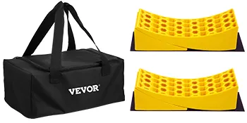 Nivelador para caravana VEVOR con bolsa de transporte y tacos niveladores amarillos.