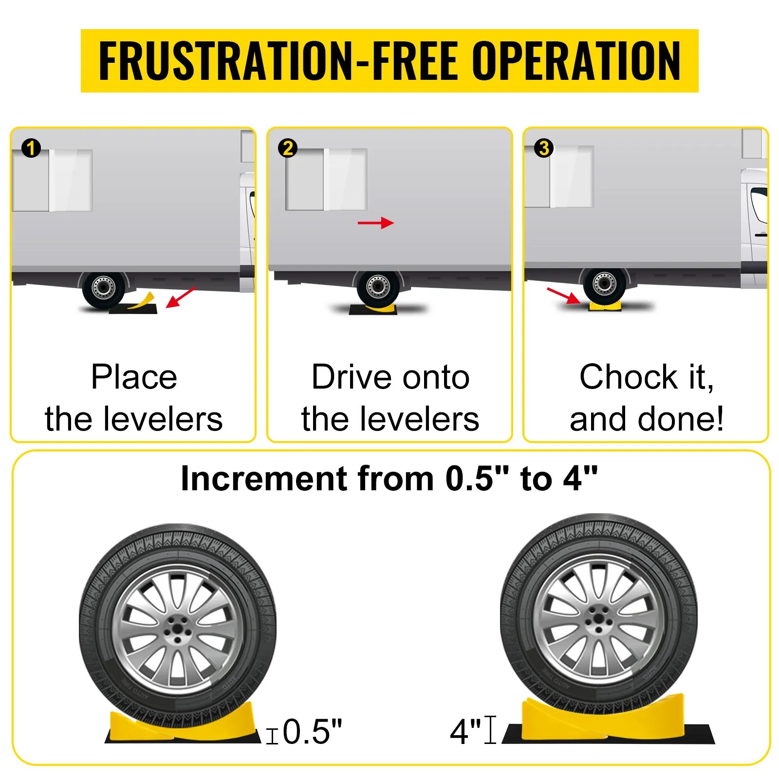 Nivelador para caravanas VEVOR: fácil instalación, nivelación de entrada de 0,5" a 4" para un funcionamiento suave.