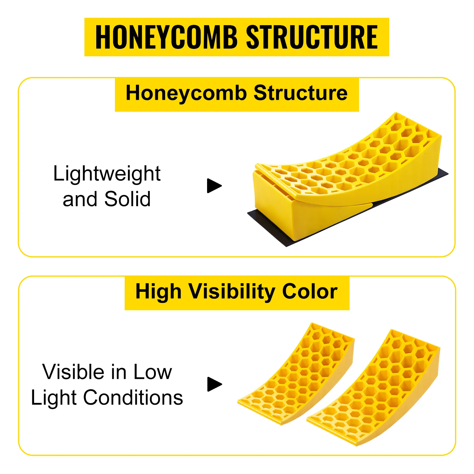 Nivelador para caravana VEVOR amarillo con estructura de panal, peso ligero y color de alta visibilidad.