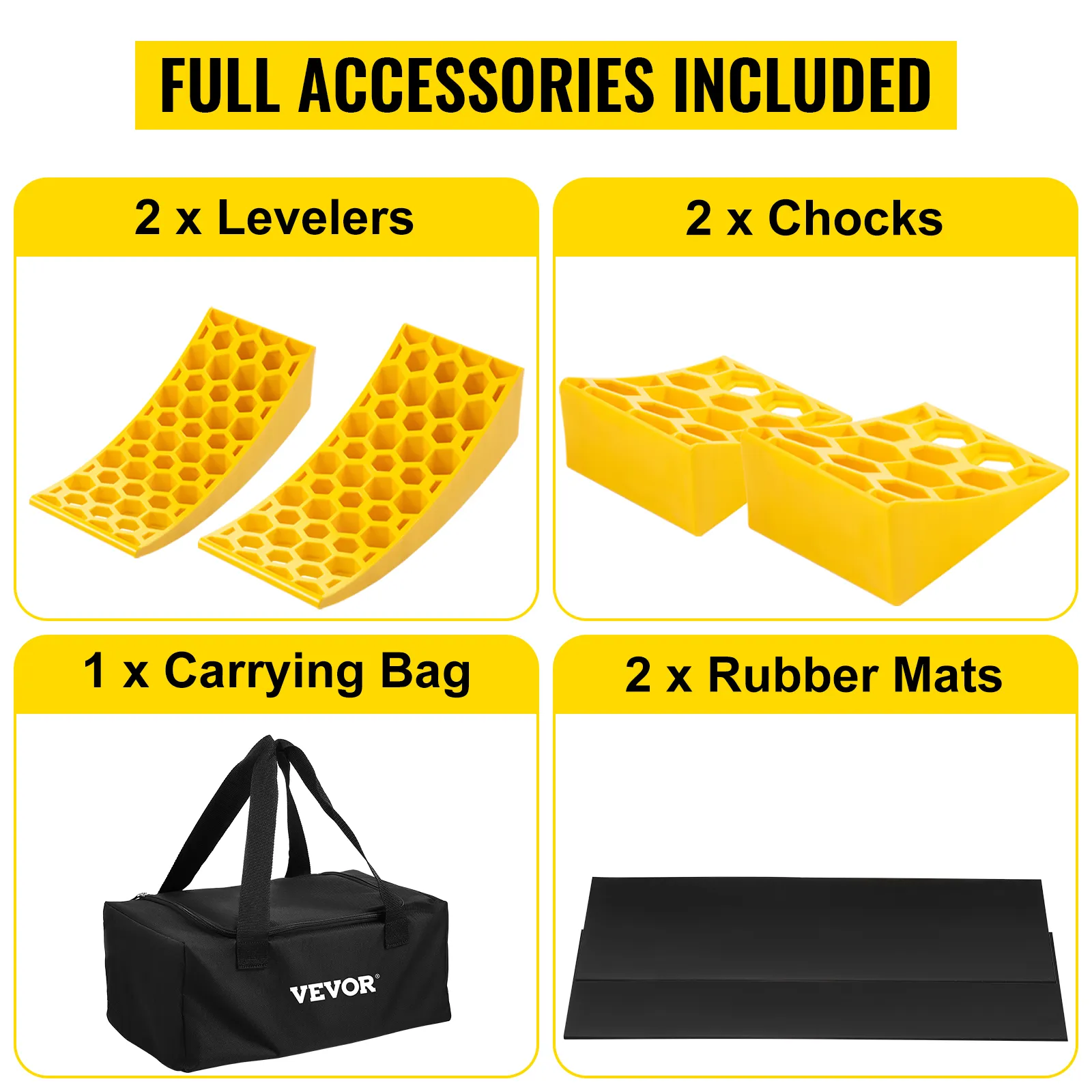 Juego nivelador para caravana VEVOR con 2 niveladores, 2 calzos, bolsa de transporte y alfombrillas de goma.