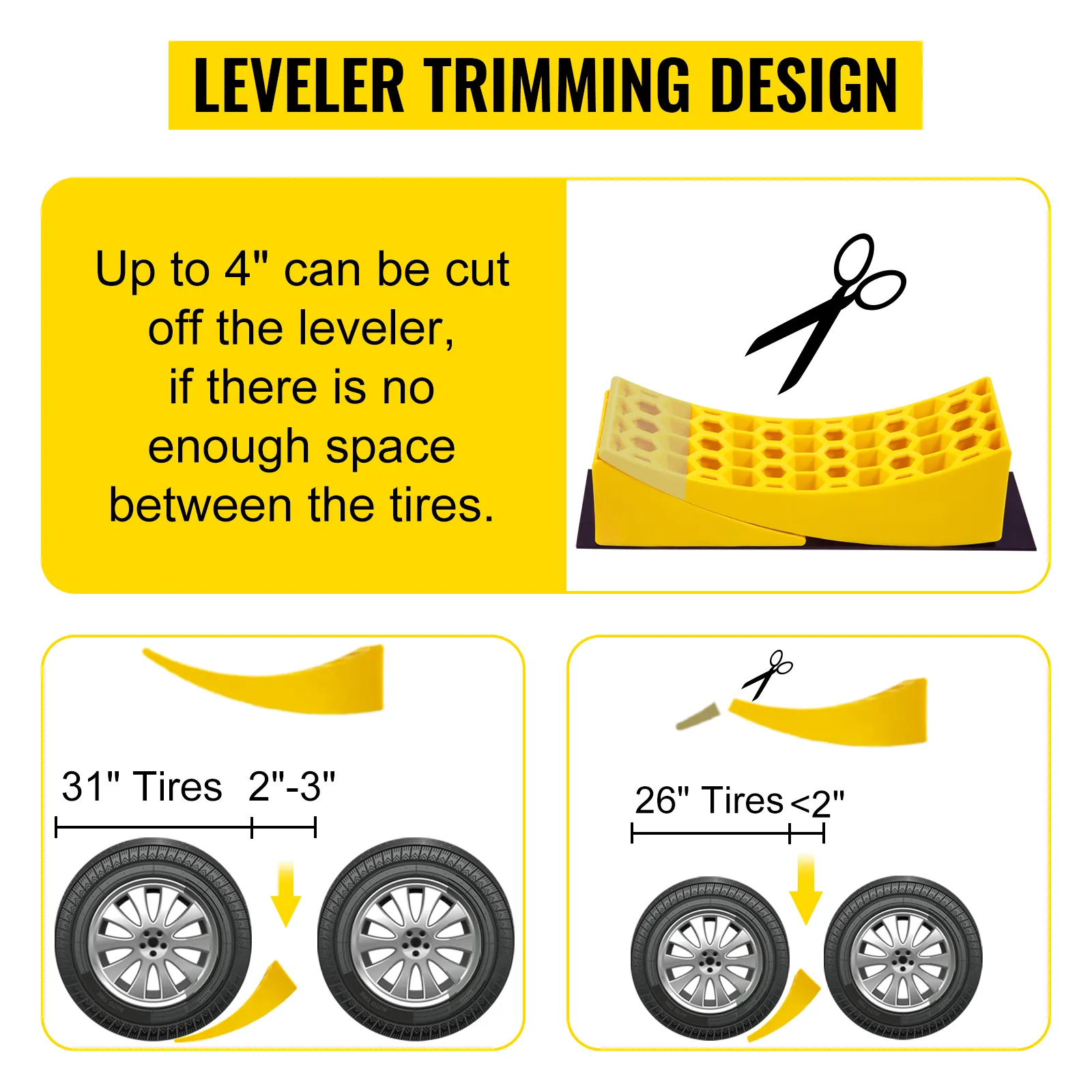 Instrucciones de diseño de recorte de nivelador de caravana VEVOR para diferentes tamaños de neumáticos.