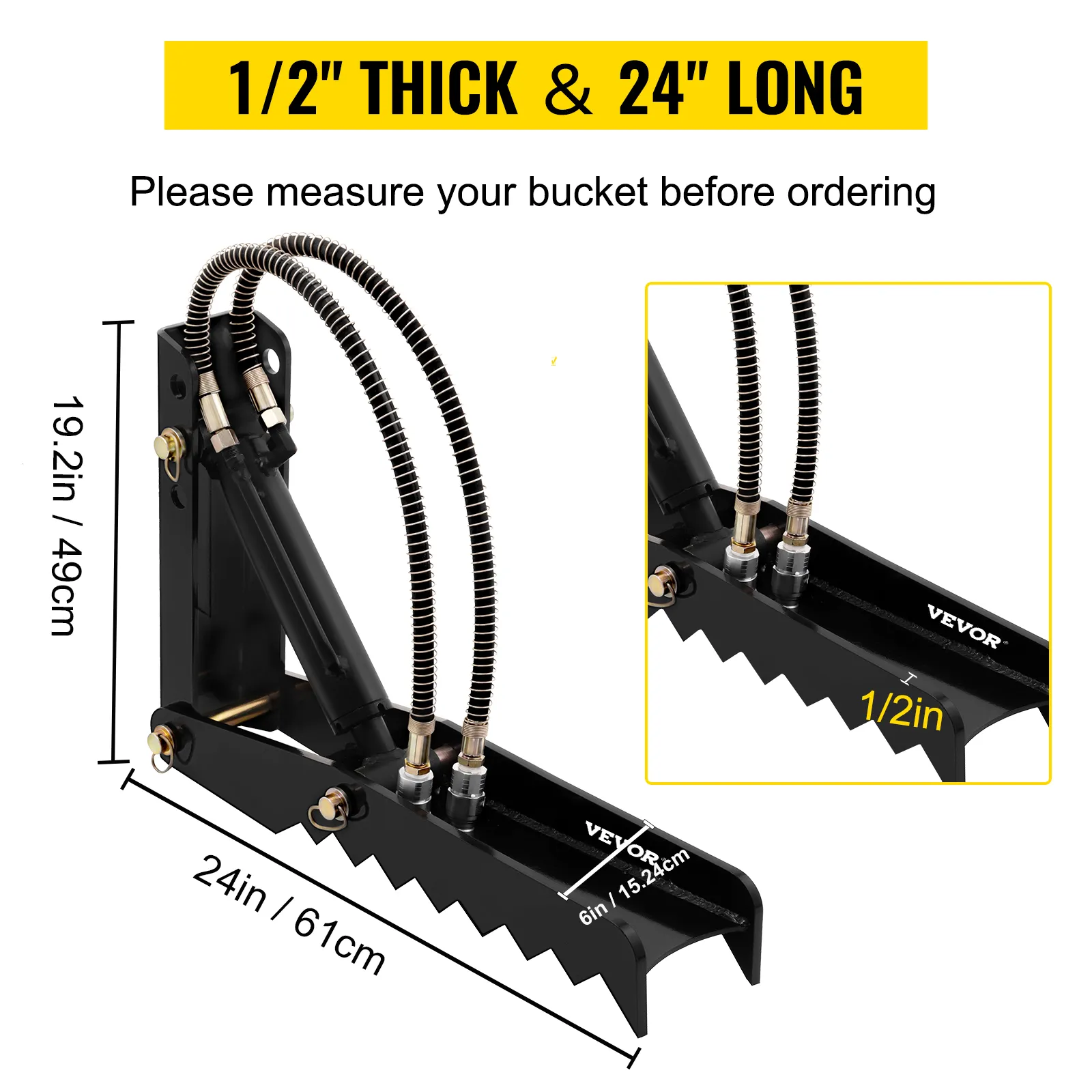 Accesorios de pulgar para retroexcavadora hidráulica VEVOR, de 1/2" de espesor y 24" de largo con medidas.