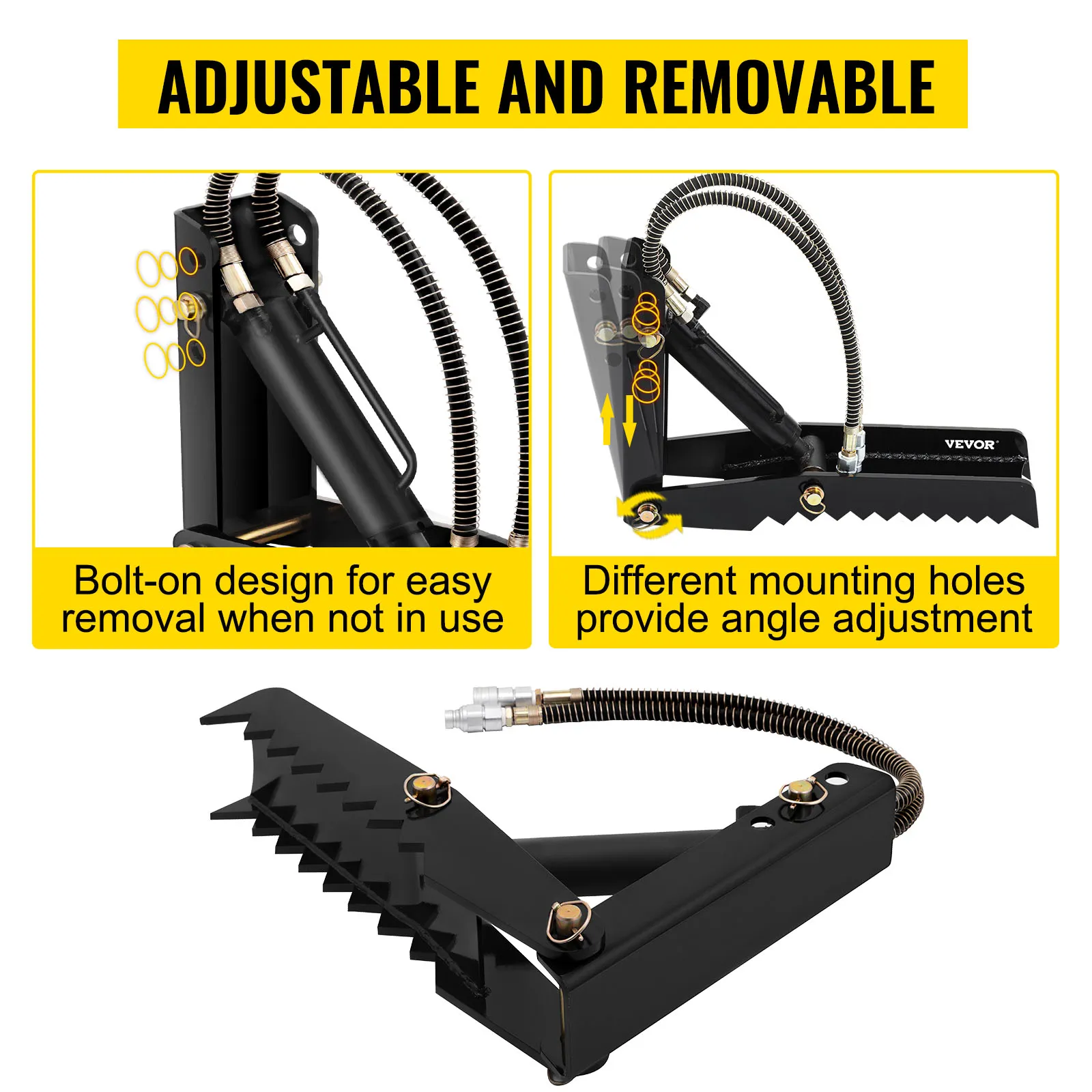 Accesorios de pulgar para retroexcavadora hidráulica VEVOR con características ajustables y extraíbles.