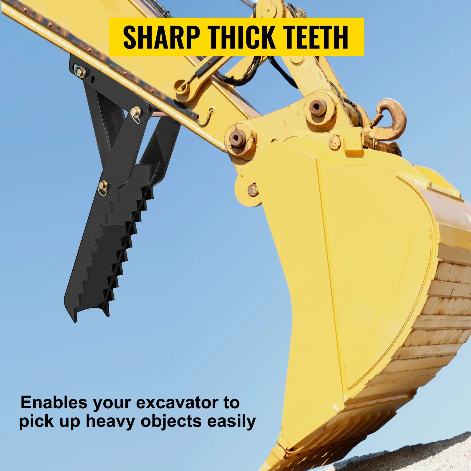 yellow excavator with VEVOR backhoe thumb for heavy lifting, featuring sharp teeth.