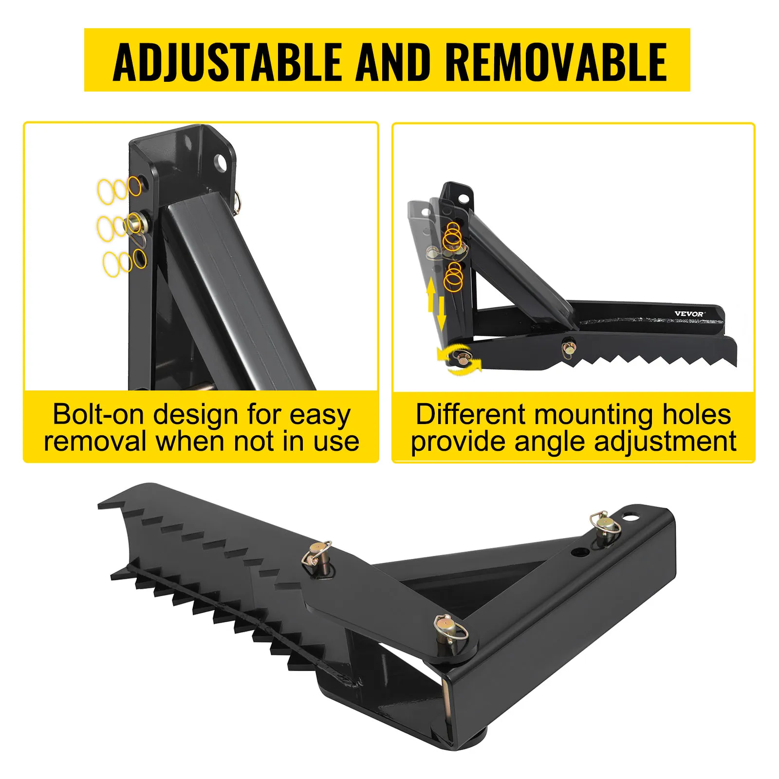 adjustable and removable VEVOR backhoe thumb with bolt-on design and angle adjustment.