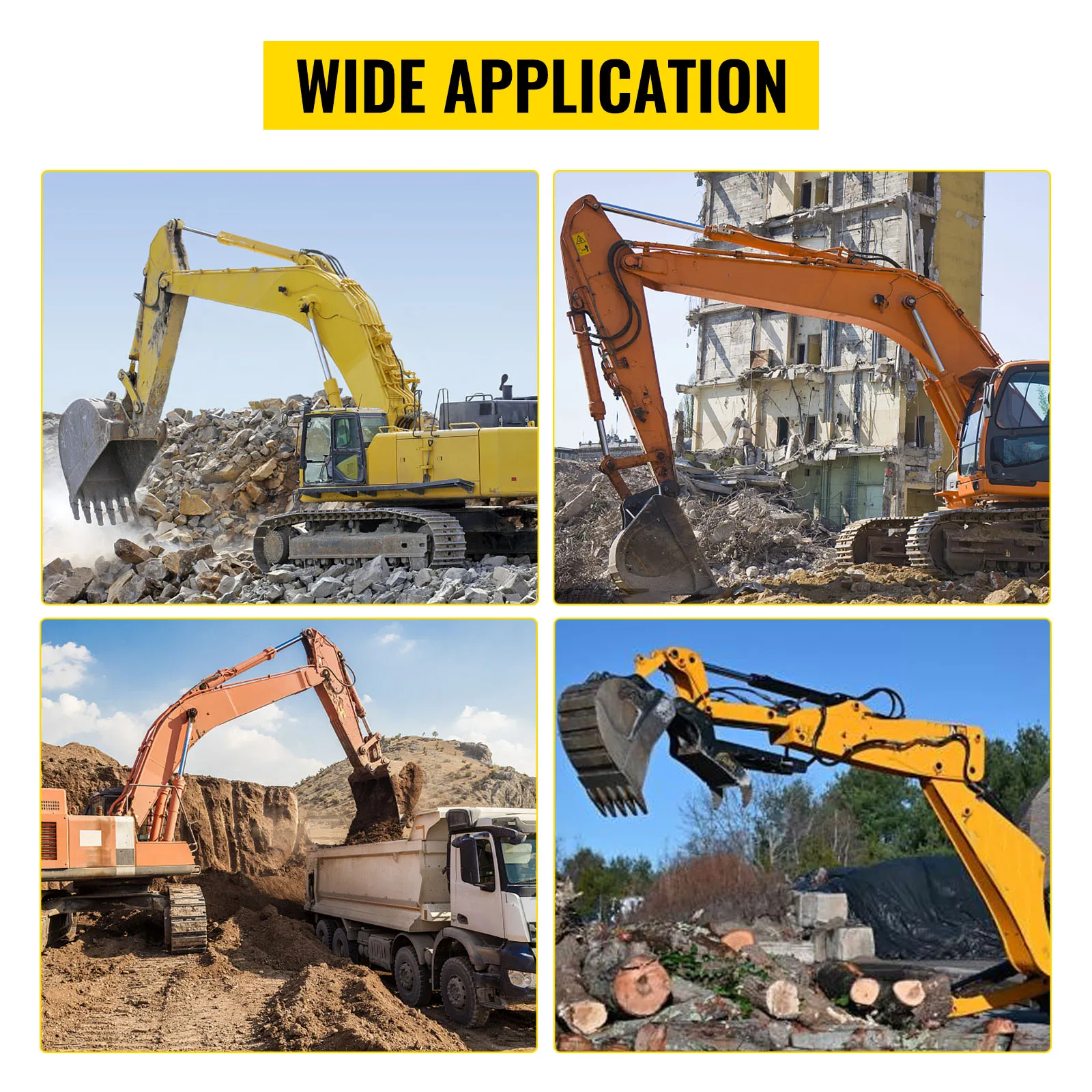 VEVOR backhoe thumb used in construction, demolition, excavation, and logging scenarios.