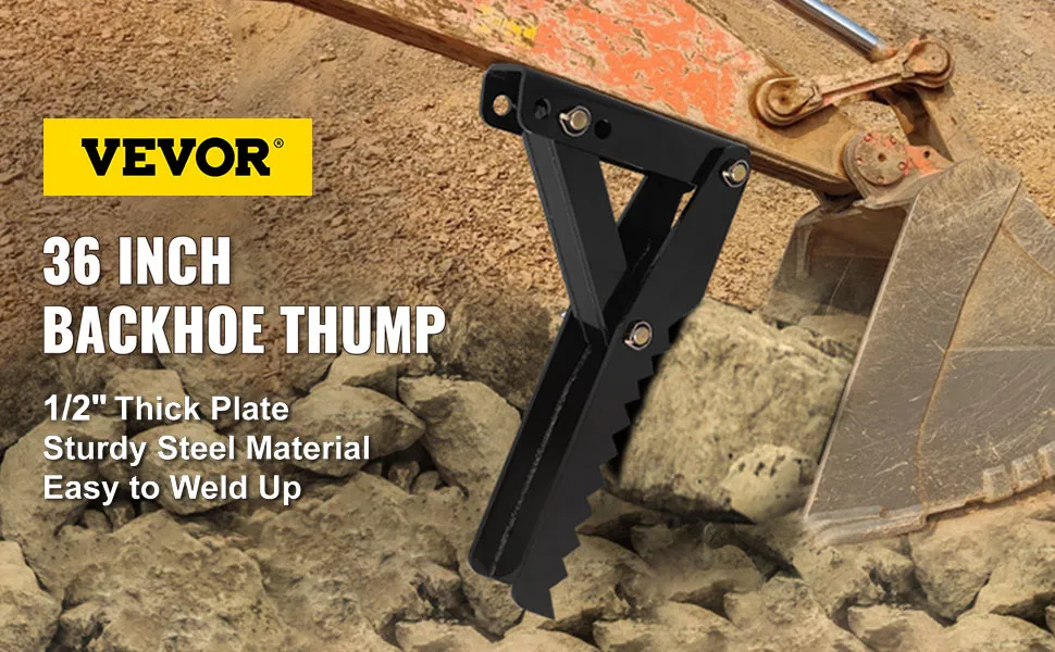 VEVOR backhoe thumb attachment, 36-inch, sturdy steel, easy weld, on a construction site.