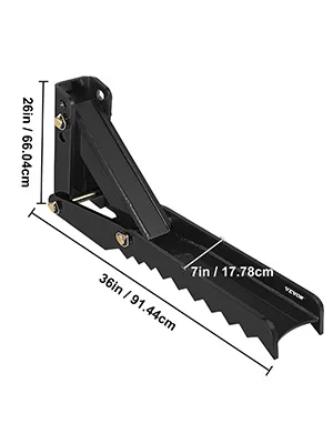 VEVOR backhoe thumb attachment dimensions: 36in length, 26in arm, and 7in width.