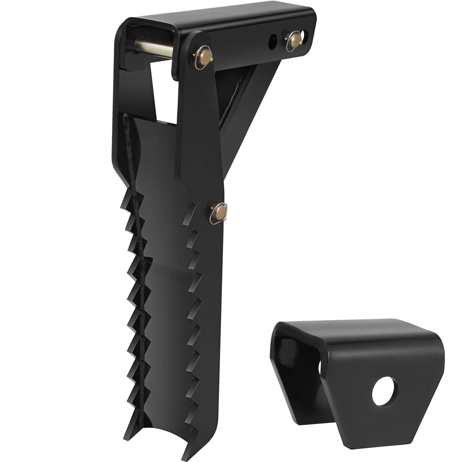 black VEVOR backhoe thumb attachment with jagged edges and a mounting bracket.