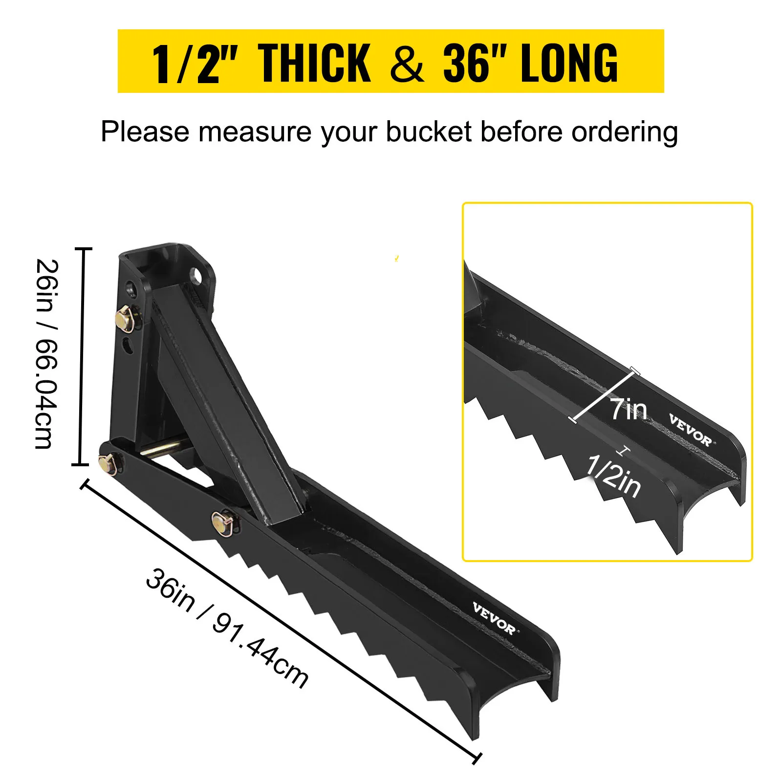 VEVOR backhoe thumb attachment, 1/2" thick, 36" long, 26" high, 7" wide.