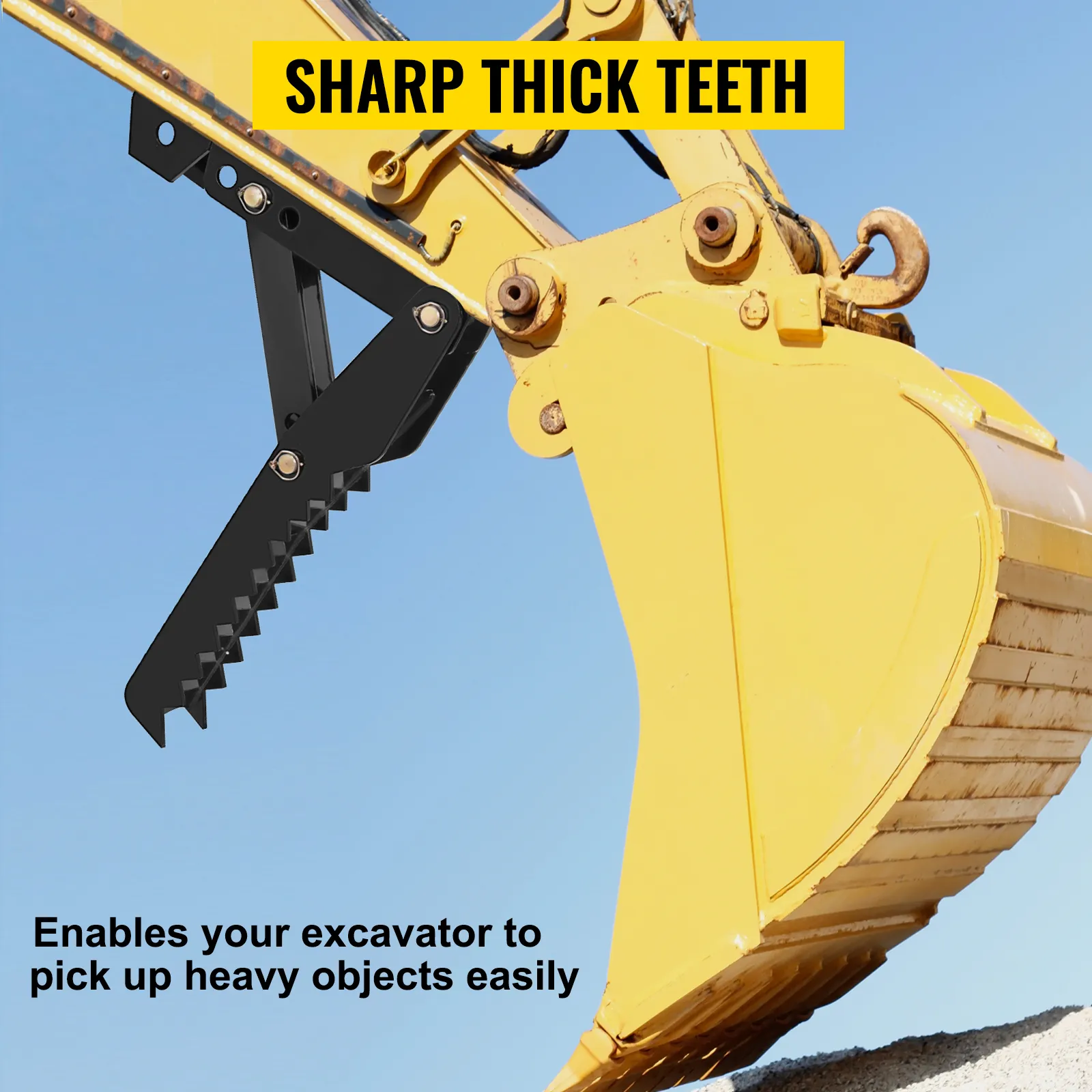 excavator with VEVOR backhoe thumb attachment showcasing sharp thick teeth.