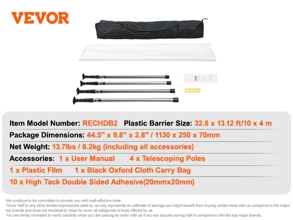 VEVOR stofbarrière stokken set met telescopische stokken, plastic folie, draagtas en accessoires erin.