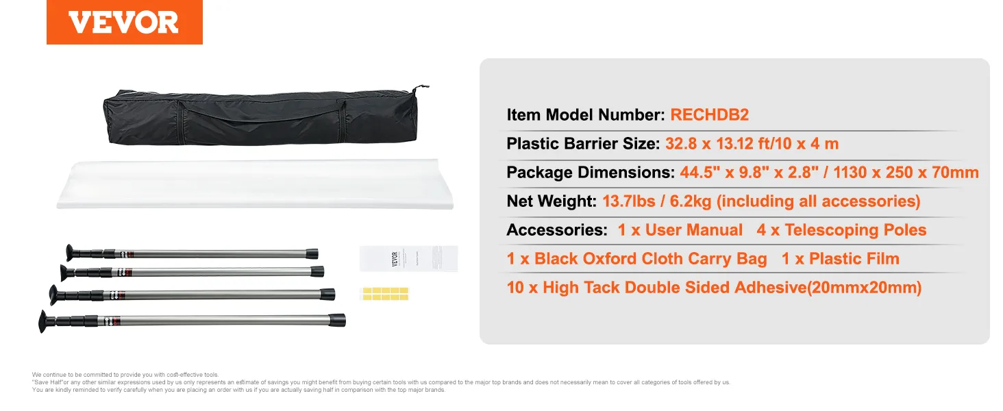 VEVOR stofbarrière stokken set met telescopische stokken, plastic folie, draagtas en accessoires erin.