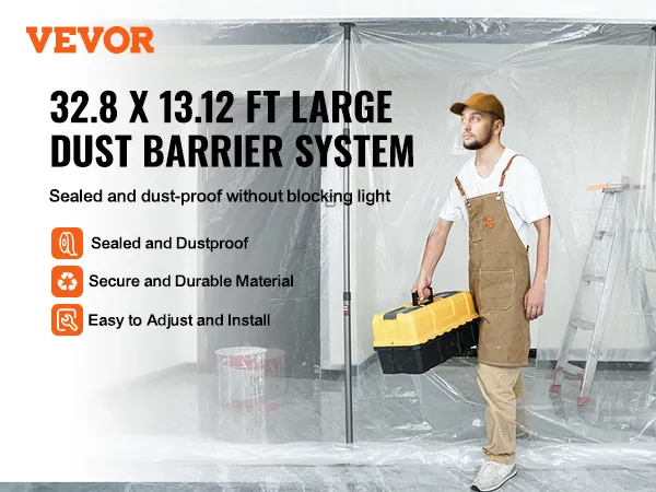 VEVOR-stofbarrièrepalen voor een groot stofbarrièresysteem van 9,9 x 4,0 m, afgedicht en eenvoudig te installeren.