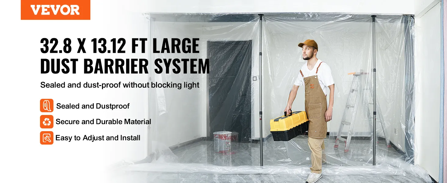 VEVOR-stofbarrièrepalen voor een groot stofbarrièresysteem van 9,9 x 4,0 m, afgedicht en eenvoudig te installeren.