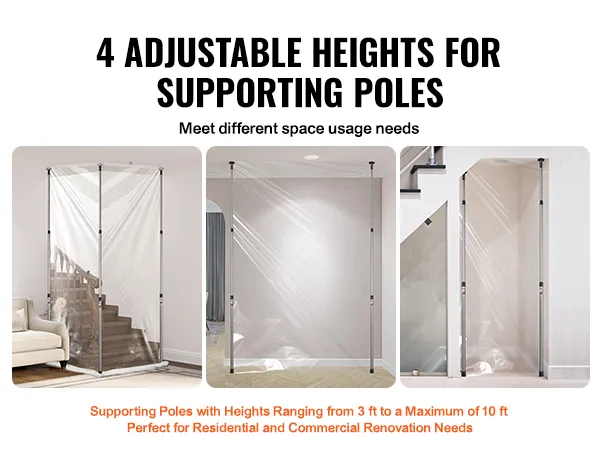 4 verstelbare VEVOR stofbarrièrepalen in verschillende woonruimtes. Ideaal voor renovatie.
