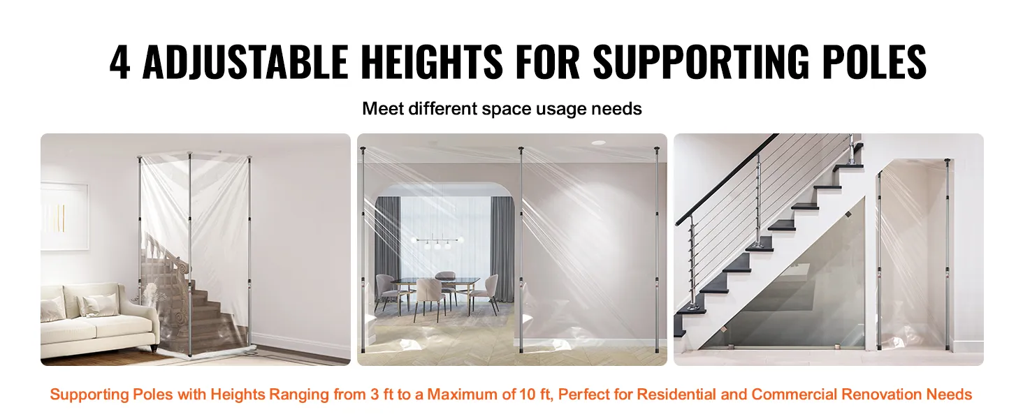 4 verstelbare VEVOR stofbarrièrepalen in verschillende woonruimtes. Ideaal voor renovatie.