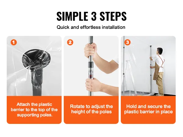 Eenvoudige 3-stappenhandleiding voor het installeren van VEVOR-stofbarrièrepalen: bevestigen, hoogte aanpassen en de barrière op zijn plaats bevestigen.