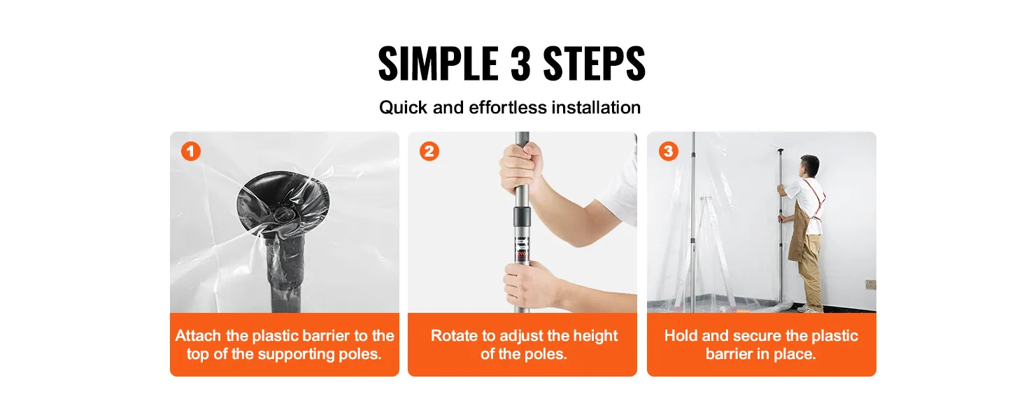 Eenvoudige 3-stappenhandleiding voor het installeren van VEVOR-stofbarrièrepalen: bevestigen, hoogte aanpassen en de barrière op zijn plaats bevestigen.