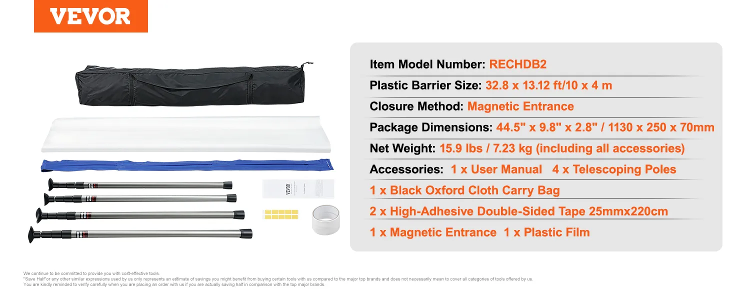VEVOR dust barrier system, black oxford carry bag, telescoping poles, plastic film, and adhesive tape.
